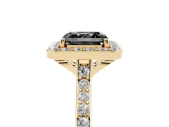 Fancy Black Asscher Cut Diamond Halo Engagement Ring Set in Yellow gold with Round Pavé Shoulders and Heart Gallery