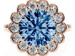 Fancy Blue Round Cut Diamond Halo Cluster Engagement Ring Set in Rose gold with Solitaire Band and Prong Setting