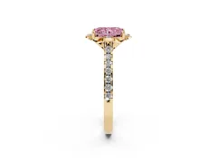 Fancy Pink Radiant Cut Diamond Solitaire Ring Set in Yellow gold with Pavé Band and Floral Prong Setting