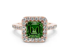 Fancy Green Asscher Cut Diamond Halo Engagement Ring Set in Rose gold with Round Pavé Shoulders and Heart Gallery