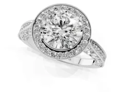 Round Cut Diamond Halo Engagement Ring Set in Silver with Accent Split Shank Band