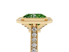 Fancy Green Radiant Cut Diamond Halo Milgrain Pavé Band Ring Set in Yellow gold with Prong Setting