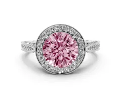 Fancy Pink Round Cut Diamond Halo Engagement Ring Set in White gold with Accent Split Shank Band
