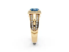 Fancy Blue Asscher Cut Diamond Halo Ring Set in Yellow gold with Double Pavé Split Shank