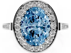 Fancy Blue Oval Cut Diamond Halo Ring Set in White gold with Accent-Lined Split Shank and Prong Setting