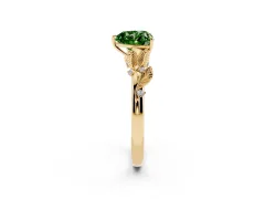 Fancy Green Heart Cut Diamond Solitaire Ring Set in Yellow gold with Leaf Motif Band