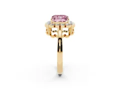 Fancy Pink Princess Cut Diamond Halo Cluster Engagement Ring Set in Yellow gold with Solitaire Band and Prong Setting