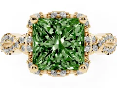 Fancy Green Princess Cut Diamond Halo Twist Band Solitaire Ring Set in Yellow gold with Prong-Set Center Stone
