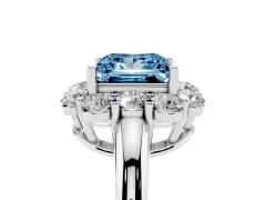 Fancy Blue Princess Cut Diamond Milgrain Halo Solitaire Ring Set in Silver with Bezel Set Side Stones and Pavé Band