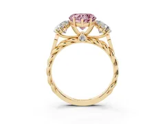 Fancy Pink Heart Cut Diamond Three-Stone Ring Set in Yellow gold with Braided Band