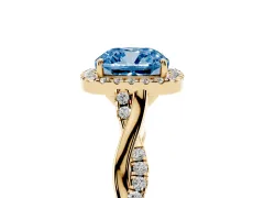 Fancy Blue Cushion Cut Diamond Halo Twist Band Solitaire Ring Set in Yellow gold with Prong Setting