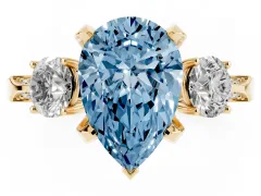 Fancy Blue Pear Cut Diamond Three-Stone Ring Set in Yellow gold with Pavé Band and Smaller Side Stones