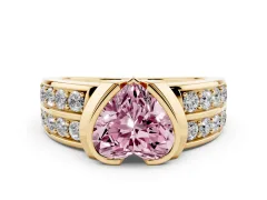 Fancy Pink Heart Cut Diamond Wide Channel Set Band Ring Set in Yellow gold with Bezel Setting