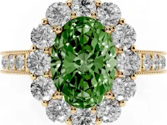 Fancy Green Oval Cut Diamond Halo Pavé Engagement Ring Set in Yellow gold with Milgrain Detailing