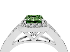 Fancy Green Emerald Cut Diamond Halo Split Shank Pavé Ring Set in Platinum with Prong Setting