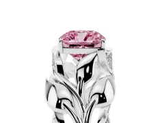 Fancy Pink Cushion Cut Diamond Leaf-Inspired Engagement Ring Set in Platinum with Round Accents