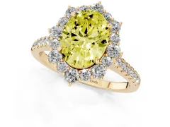 Fancy Yellow Oval Cut Diamond Halo Ring Set in Yellow gold with Pavé Band and Prong Setting