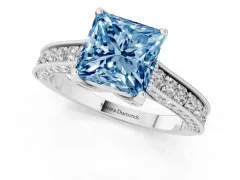 Fancy Blue Princess Cut Diamond Solitaire Ring Set in Platinum with Milgrain-Edged Pavé Band and Prong Setting