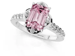 Fancy Pink Emerald Cut Diamond Solitaire Ring Set in Silver with Pavé Band and Floral Prong Setting