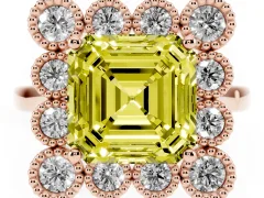 Fancy Yellow Asscher Cut Diamond Cluster Halo Ring Set in Rose gold with Milgrain Bezel Accents and Plain Band