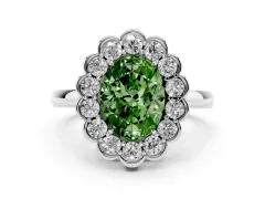 Fancy Green Oval Cut Diamond Halo Cluster Engagement Ring Set in Silver with Solitaire Band and Prong Setting
