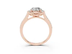 Round Cut Diamond Halo Ring Set in Rose gold with Pavé-Lined Shoulders and Prong Setting