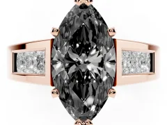 Fancy Black Marquise Cut Diamond Solitaire Ring Set in Rose gold with Channel-Set Accent Stones and Prong Setting