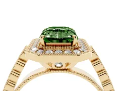 Fancy Green Emerald Cut Diamond Milgrain Halo Solitaire Ring Set in Yellow gold with Bezel Set Side Stones and Pavé Band