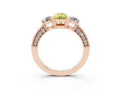 Fancy Yellow Pear Cut Diamond Three-Stone Ring Set in Rose gold with Round Side Stones and Pavé Band
