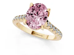 Fancy Pink Oval Cut Diamond Solitaire Ring Set in Yellow gold with Brilliant Pavé Band and Prong Setting