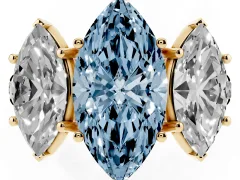 Fancy Blue Marquise Cut Diamond Three-Stone Ring Set in Yellow gold with Pavé Band