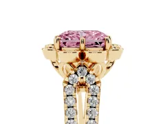 Fancy Pink Radiant Cut Diamond Floral Halo Split Shank Engagement Ring Set in Yellow gold with Pavé Shank