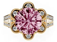 Fancy Pink Round Cut Diamond Floral Halo Split Shank Engagement Ring Set in Yellow gold with Pavé Shank