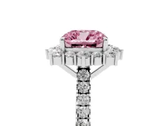 Fancy Pink Cushion Cut Diamond Halo Ring Set in White gold with Pavé Band and Prong Setting