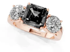 Fancy Black Asscher Cut Diamond Three-Stone Ring Set in Rose gold with Round Side Stones and Classic Band