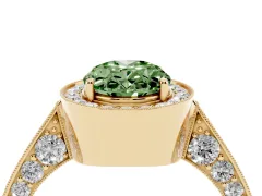 Fancy Green Oval Cut Diamond Halo Engagement Ring Set in Yellow gold with Accent Split Shank Band