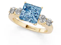 Fancy Blue Princess Cut Diamond Five-Stone Prong Set Band Ring Set in Yellow gold with Polished Band
