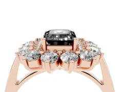 Fancy Black Emerald Cut Diamond Floral Double Halo Ring Set in Rose gold with Round Petals