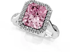 Fancy Pink Radiant Cut Diamond Halo Twist Band Solitaire Ring Set in Platinum with Prong Setting