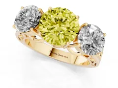 Fancy Yellow Round Cut Diamond Three-Stone Ring Set in Yellow gold with Textured Band