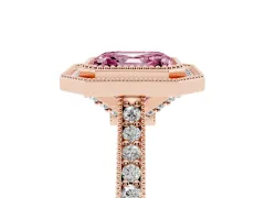 Fancy Pink Asscher Cut Diamond Halo Milgrain Pavé Band Ring Set in Rose gold with Prong Setting