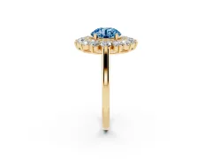 Fancy Blue Round Cut Diamond Floral Double Halo Ring Set in Yellow gold with Round Petals
