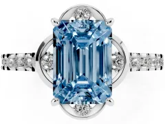 Fancy Blue Emerald Cut Diamond Solitaire Ring Set in Platinum with Pavé Band and Floral Prong Setting
