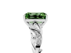 Fancy Green Emerald Cut Diamond Vine Band Solitaire Ring Set in Platinum with Milgrain Prong Setting