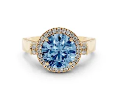 Fancy Blue Round Cut Diamond Halo Ring Set in Yellow gold with Pavé-Lined Split Shank Band