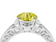 Fancy Yellow Round Cut Diamond Halo Ring Set in White gold with Channel Set Band and Prong Setting