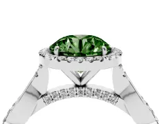 Fancy Green Round Cut Diamond Halo Twist Band Solitaire Ring Set in Silver with Prong Setting
