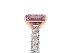 Fancy Pink Emerald Cut Diamond Solitaire Ring Set in Rose gold with Shared Prong Pavé Band