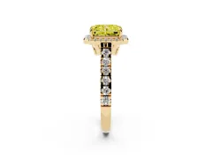 Fancy Yellow Radiant Cut Diamond Halo Engagement Ring Set in Yellow gold with Pavé Band and Prong-Set Center