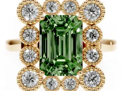 Fancy Green Emerald Cut Diamond Cluster Halo Ring Set in Yellow gold with Milgrain Bezel Accents and Plain Band